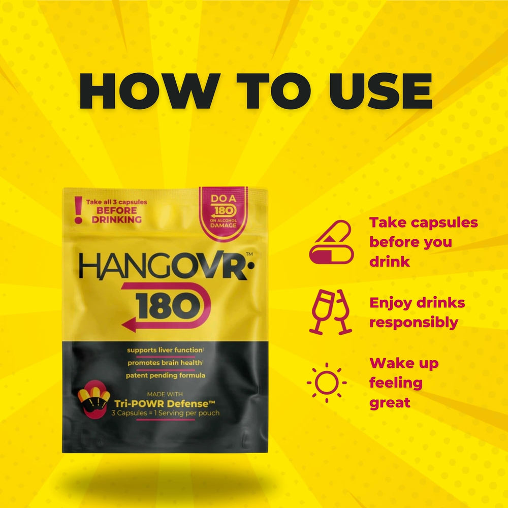 Hangovr-180 Tri-Power pouch open highlighting electrolyte blend ingredients.