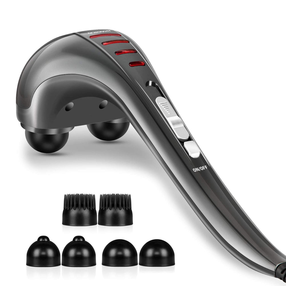 Hangsun MG460 handheld massager targeting neck and back with focused pulses