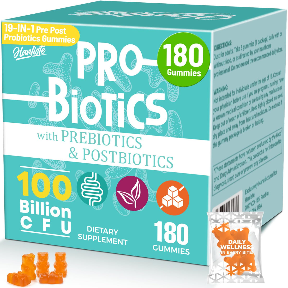 Hanliste Probiotic Gummies front packaging for easy daily gut support