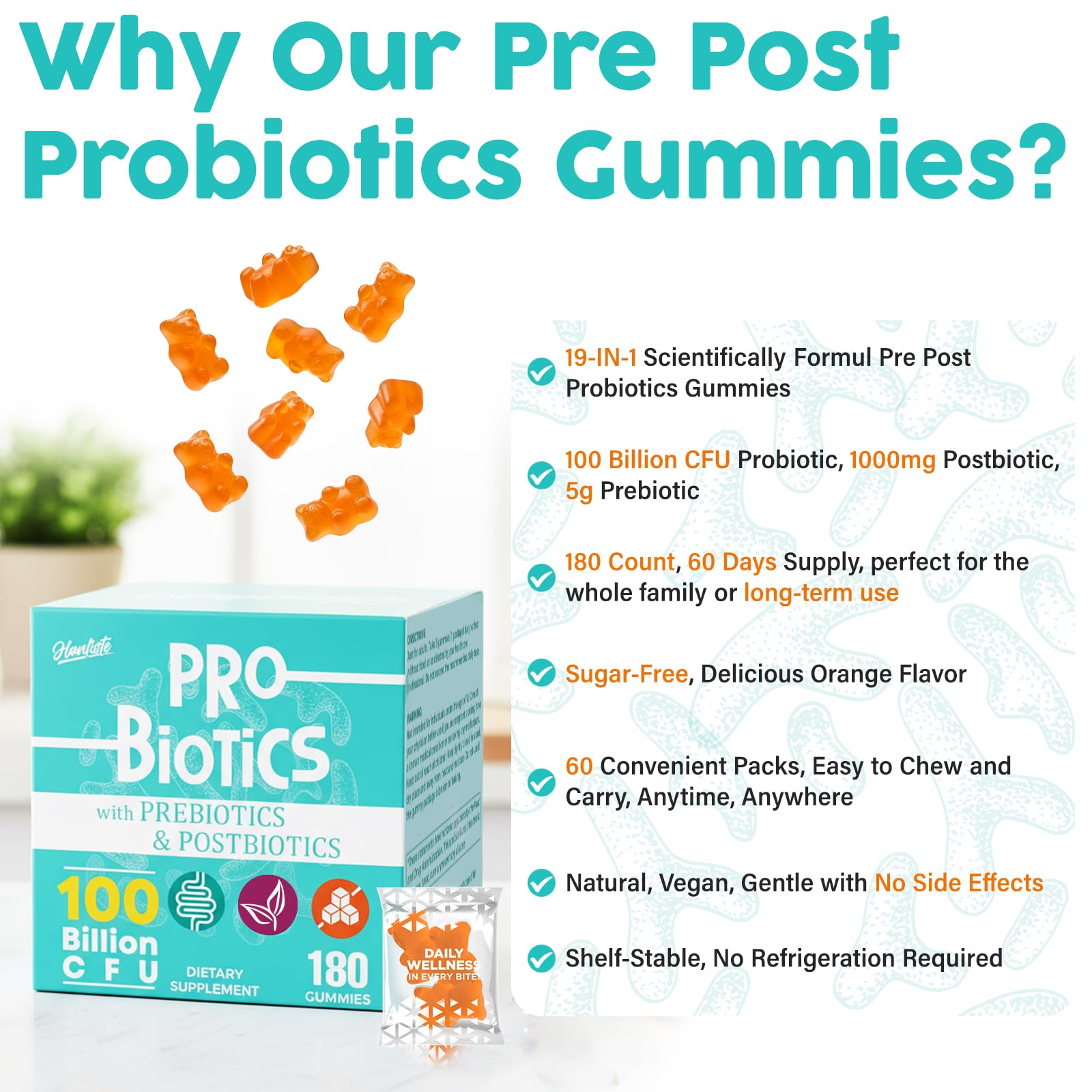 Hanliste Probiotic Gummies gut health illustration showing microbiota balance