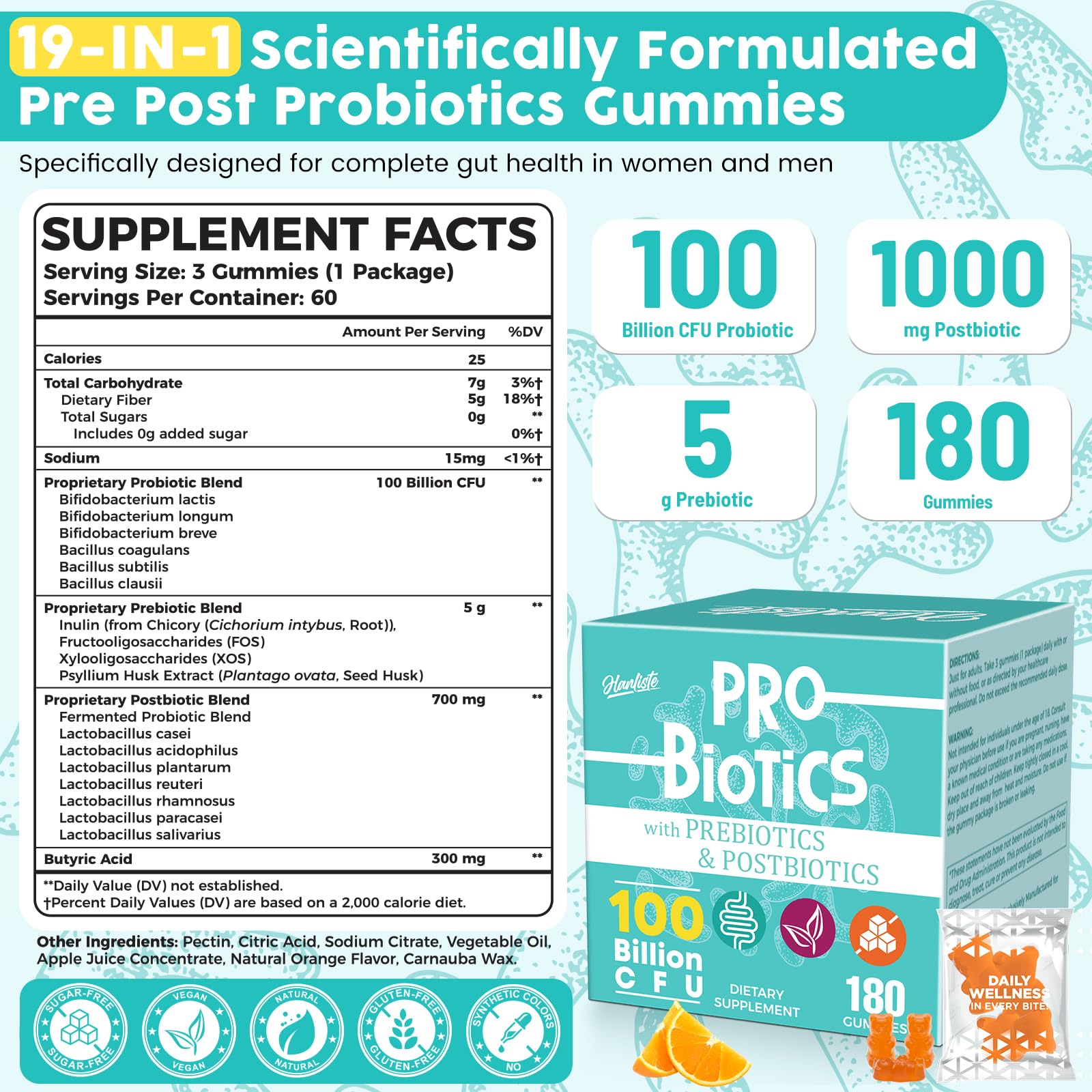 Hanliste Probiotic Gummies orange flavor image highlighting sugar-free vegan formula