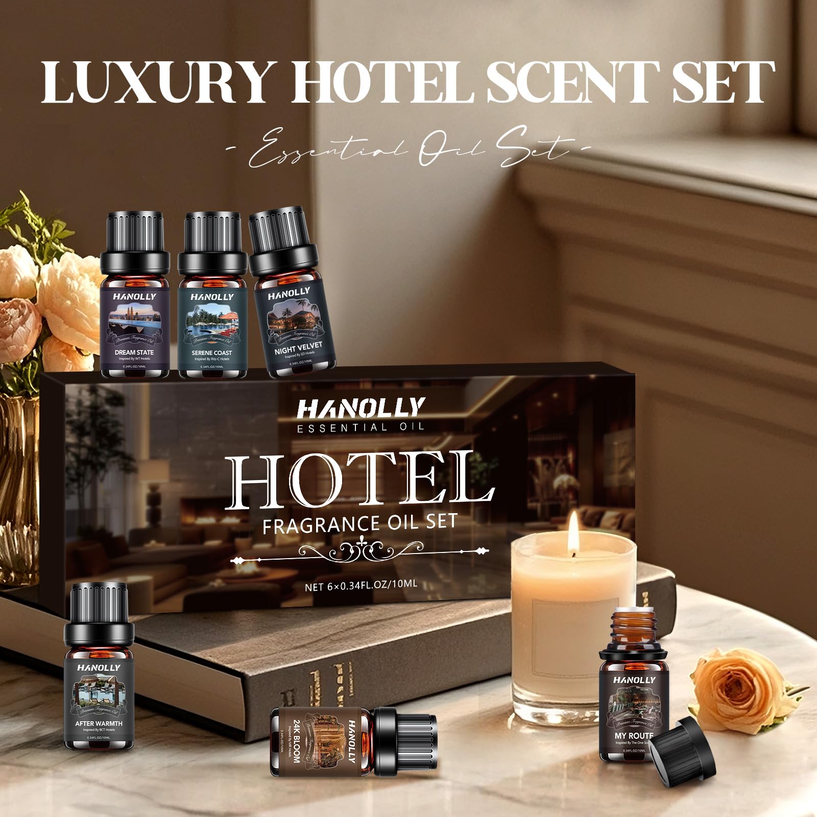Hanolly 24K Bloom bottle delivers citrusy uplift for energized spaces.
