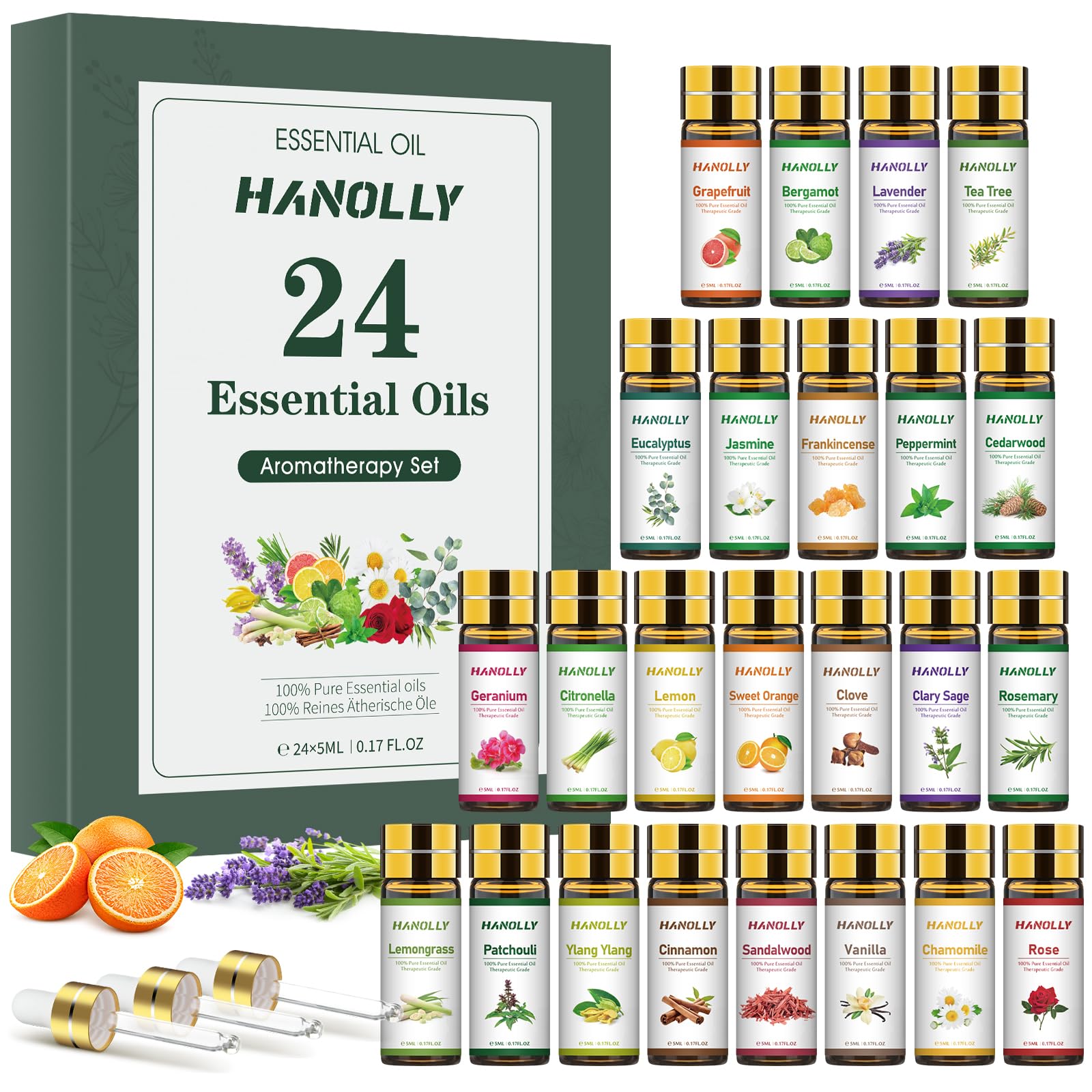 Hanolly 24x5ml bottles ready for diffuser use and aromatherapy sessions.