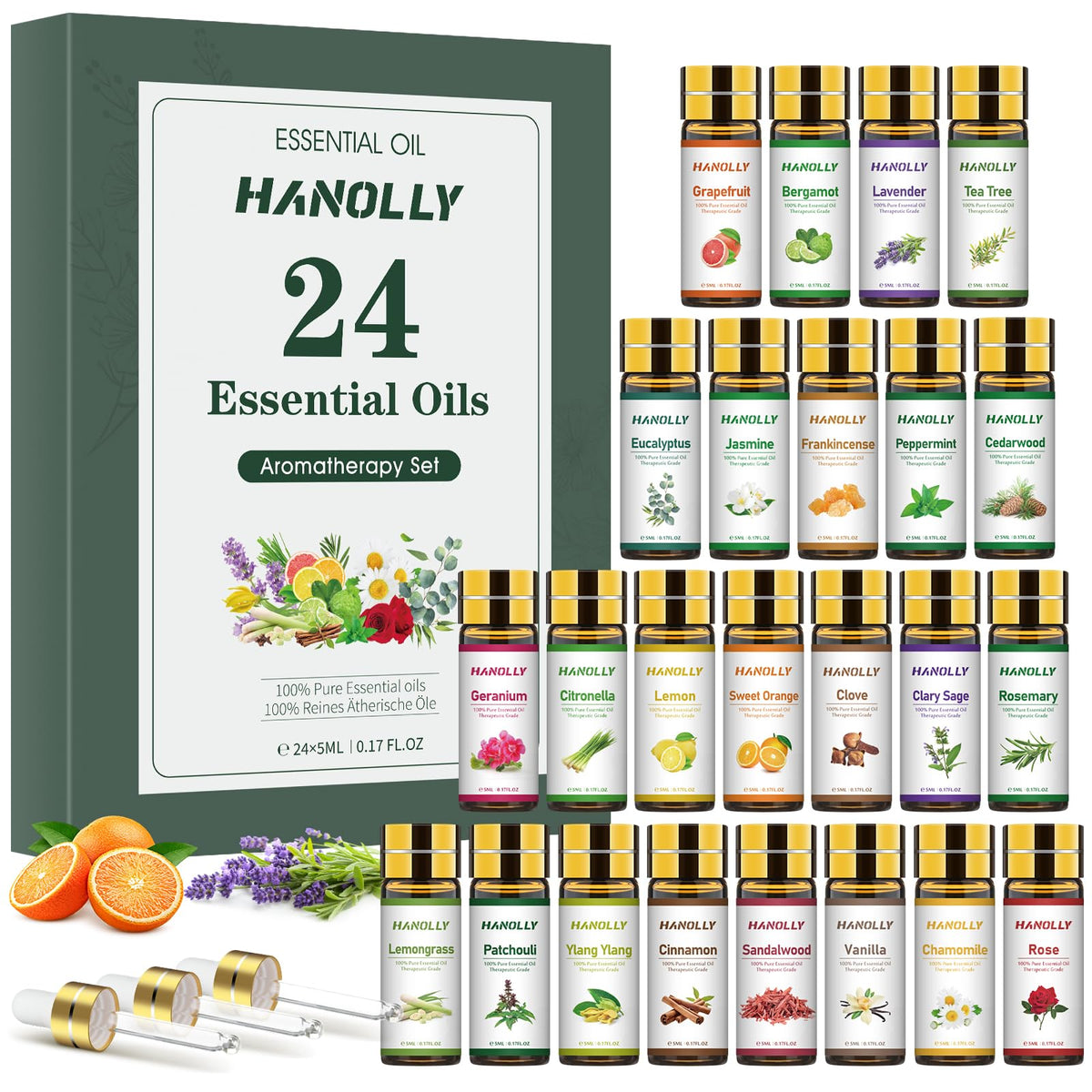 Hanolly 24x5ml bottles ready for diffuser use and aromatherapy sessions.
