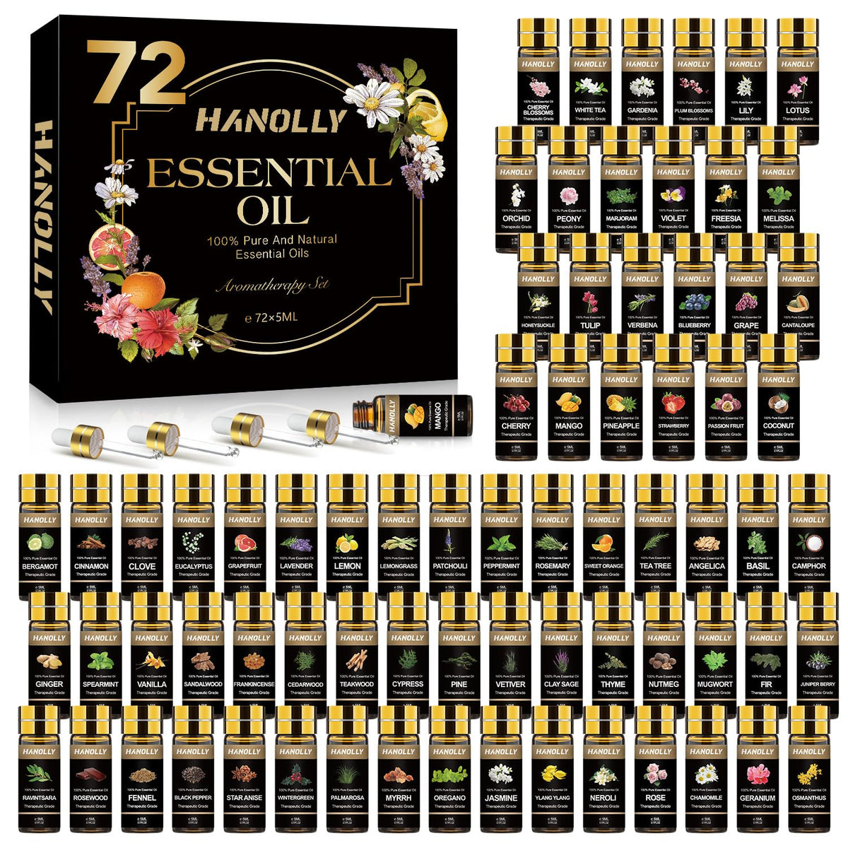 Hanolly 72-pcs essential oils set bottles close-up for aromatherapy sessions