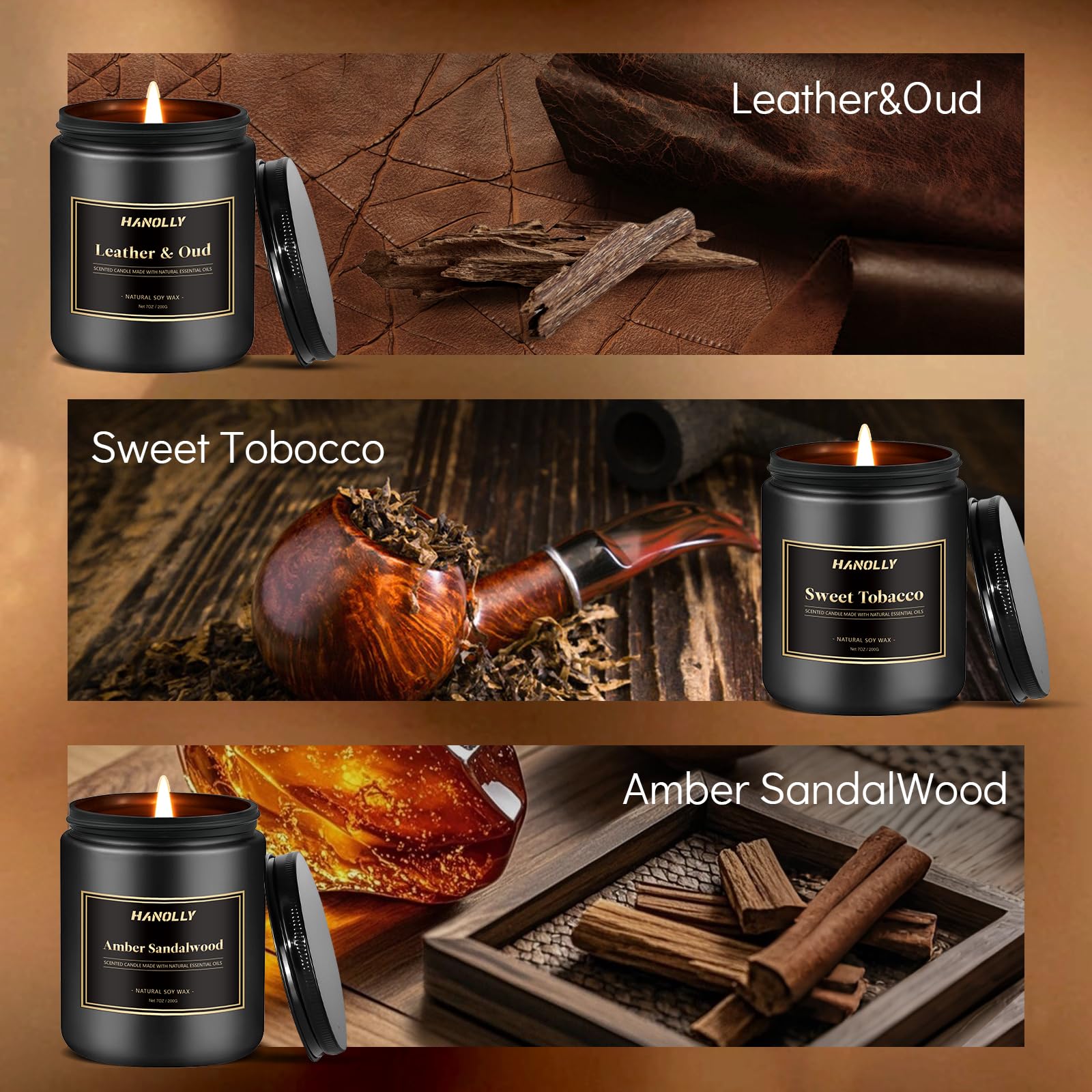 Hanolly Amber Sandalwood candle, earthy calm for relaxation.