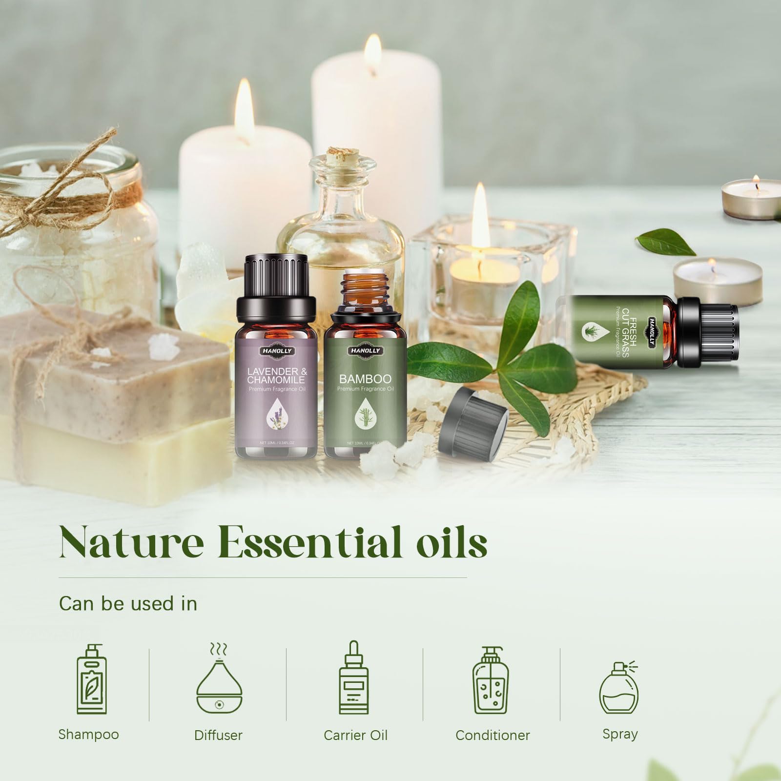 Hanolly fresh-cut-grass oil bottle for uplifting diffuser sessions