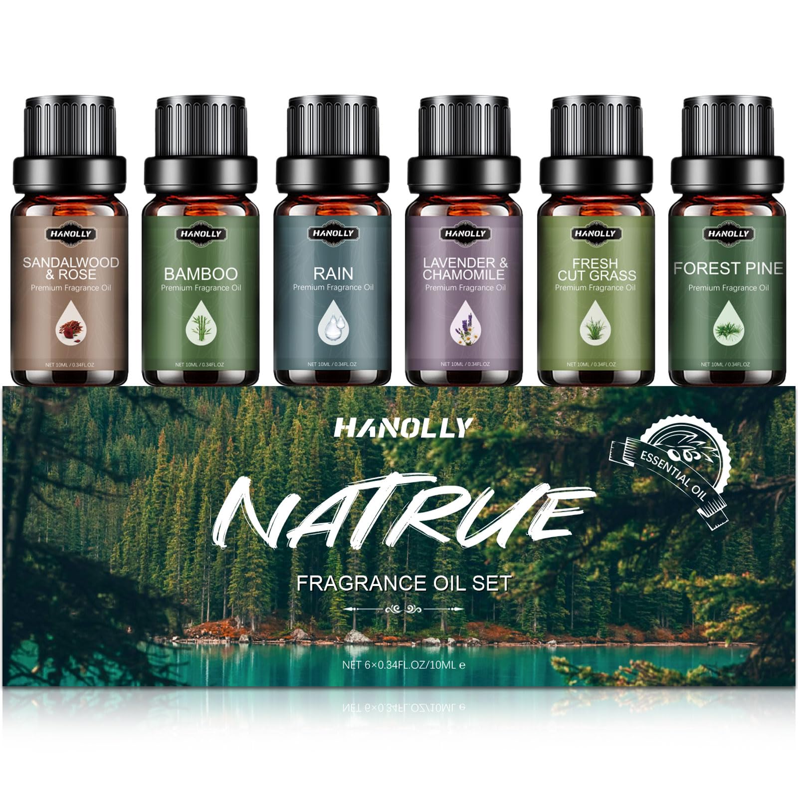 Hanolly sandalwood-rose oil bottle pouring for diffuser aromatherapy and mood enhancement