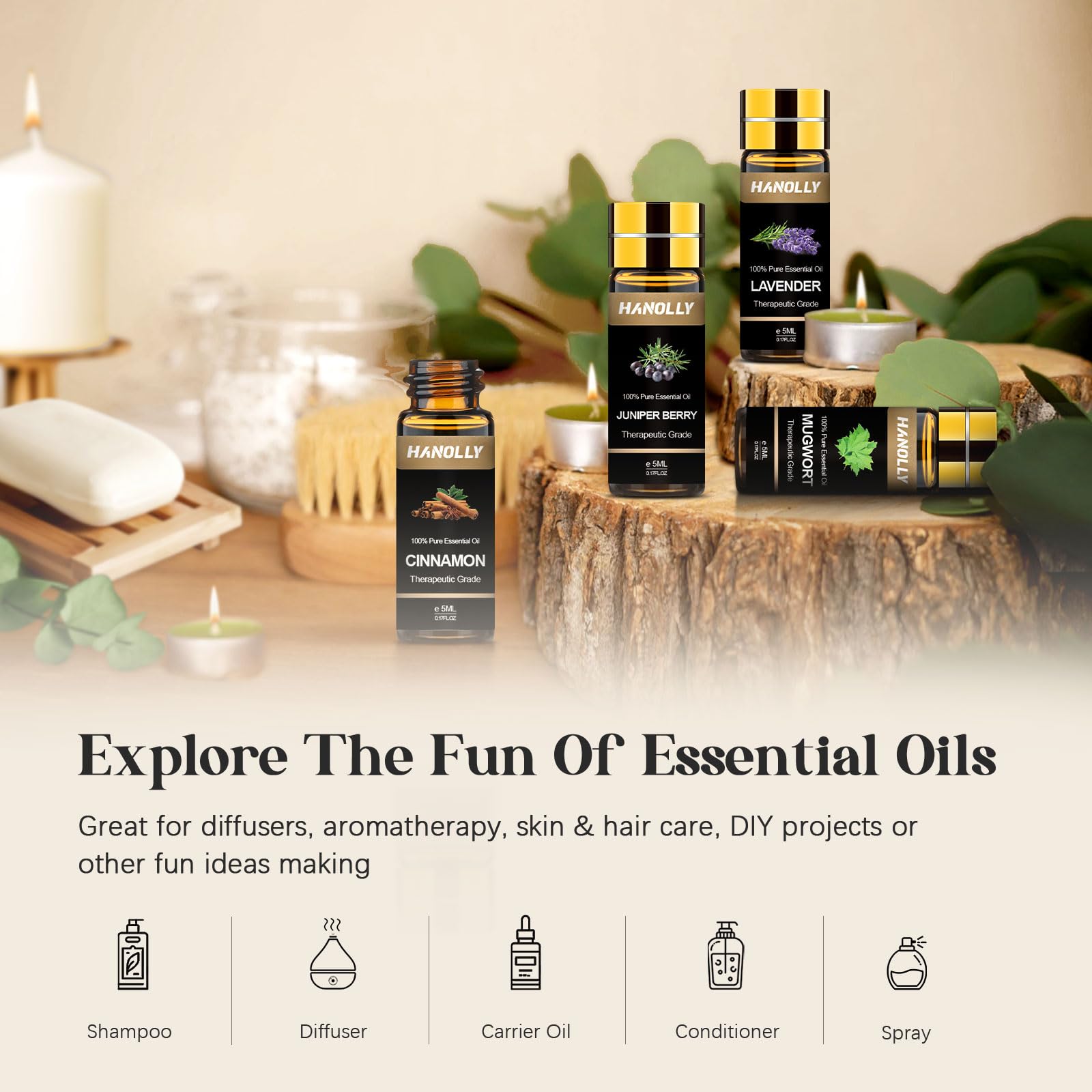 Hanolly essential oils set amber bottles protecting oils from light degradation.