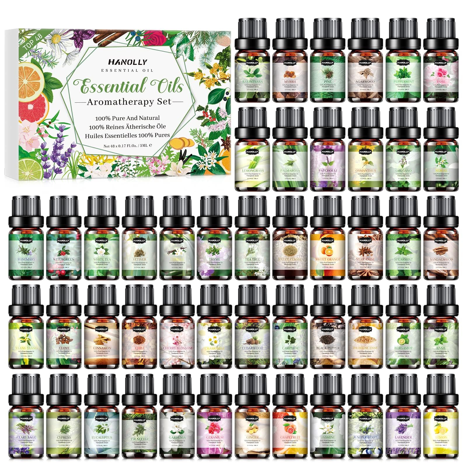 Hanolly essential oils set bottle lineup for versatile aroma experiences