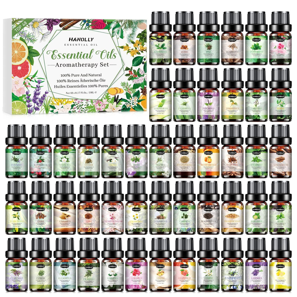 Hanolly essential oils set bottle lineup for versatile aroma experiences