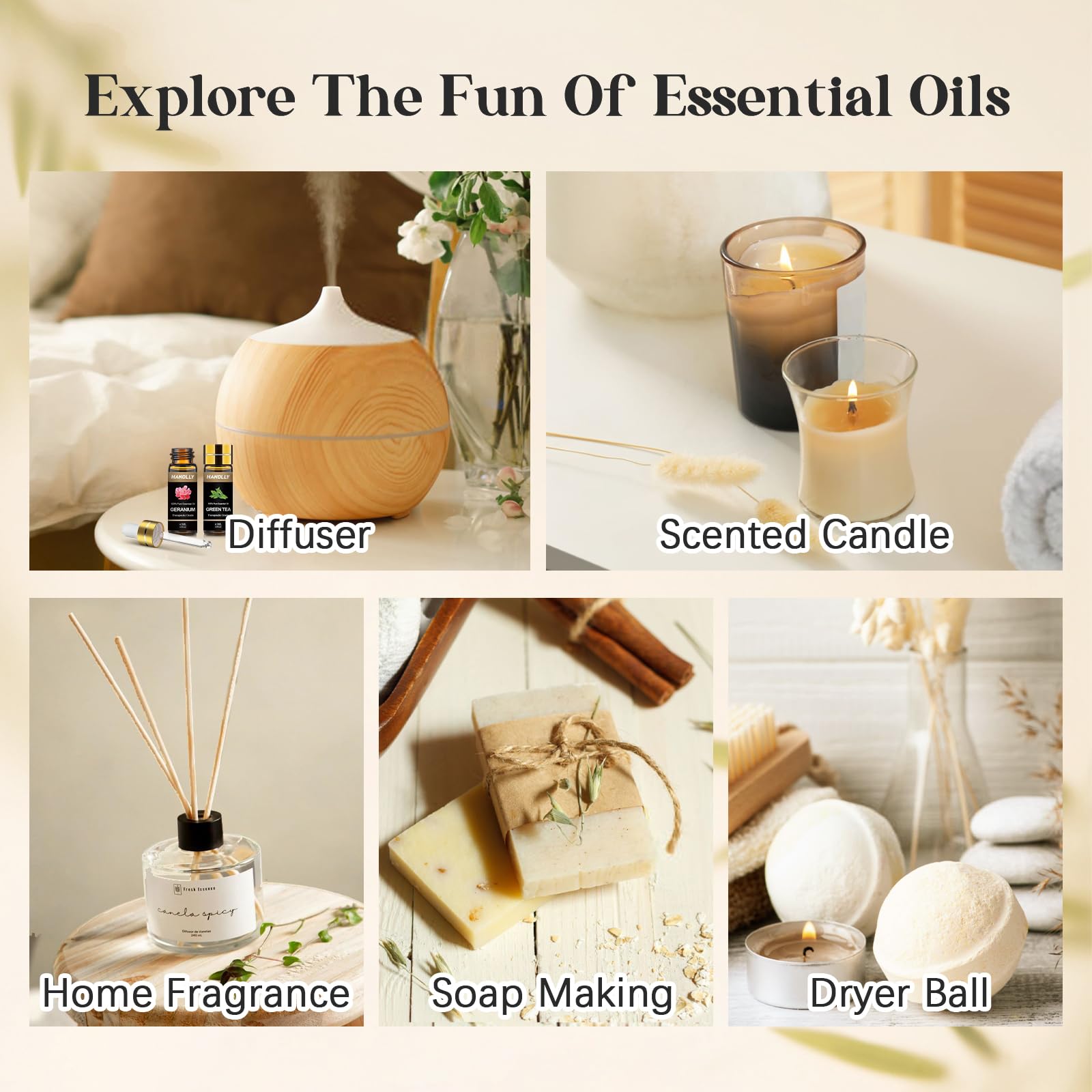 Hanolly essential oils set woody herbal collection for massage and relaxation.