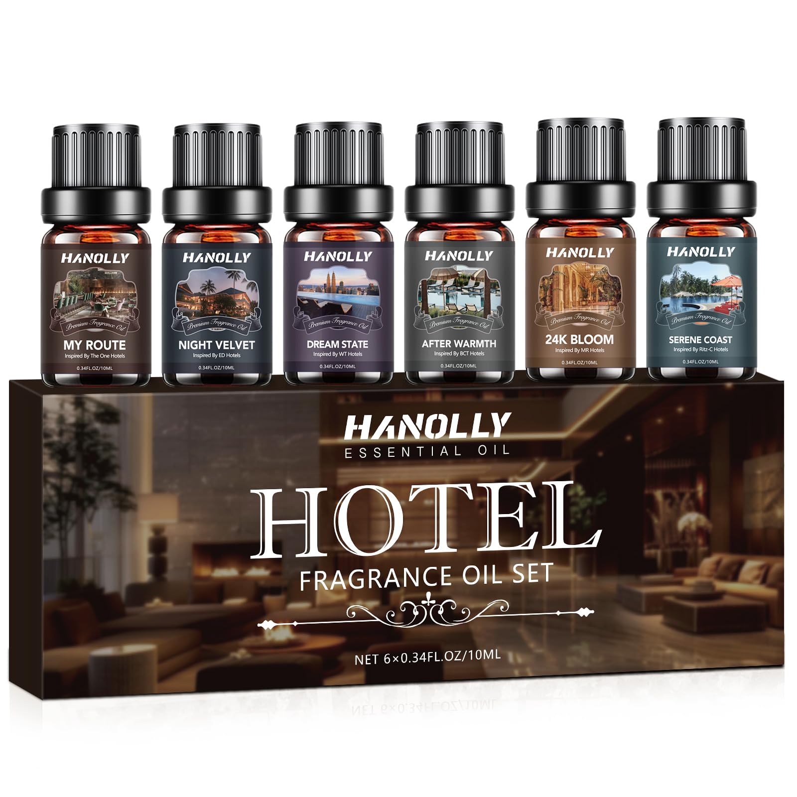 Hanolly hotel diffuser oil set packaging, premium blends for a refined home ambiance.