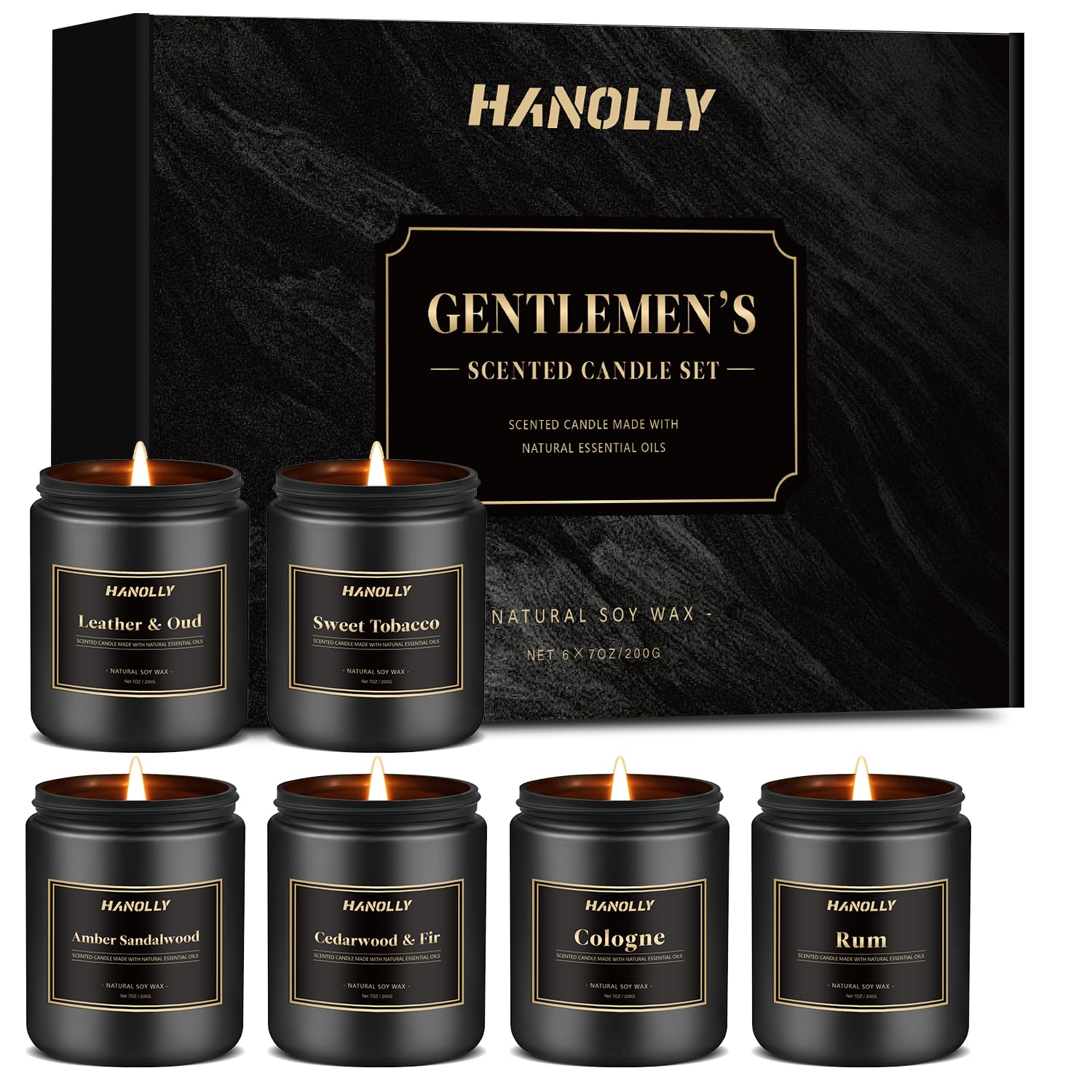 Hanolly men's candle set in a premium black box, ideal gift for dad.