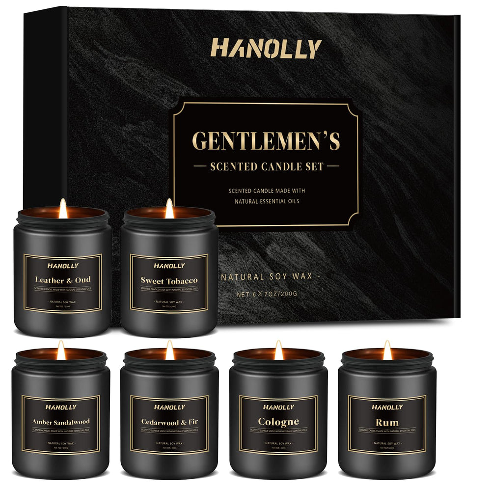 Hanolly men's candle set in a premium black box, ideal gift for dad.