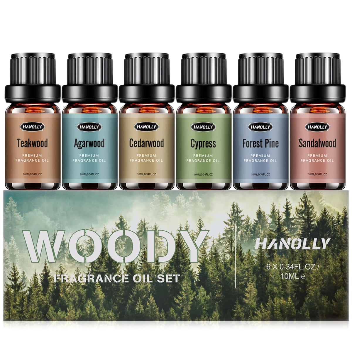 Hanolly Woody Set sandalwood bottle for calming diffusion and aroma.