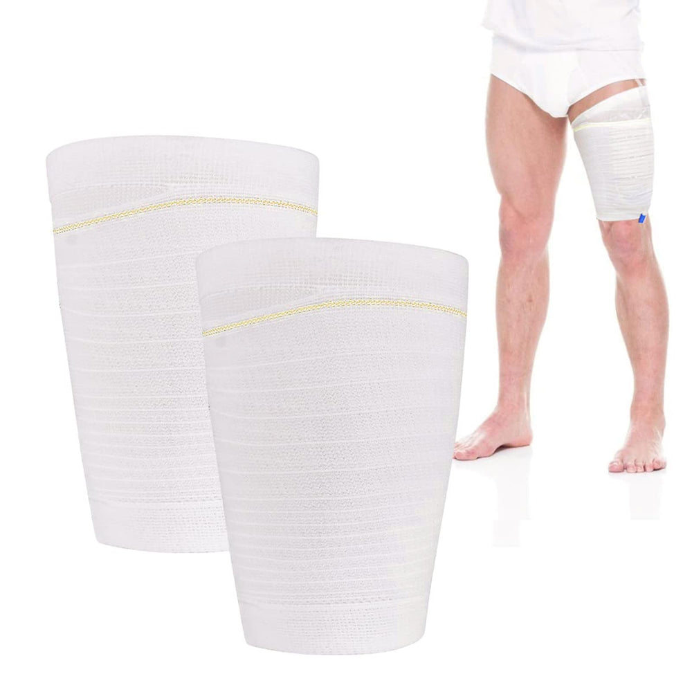 HANSILK catheter leg bag holder shown with secure fit on thigh for reliable drainage