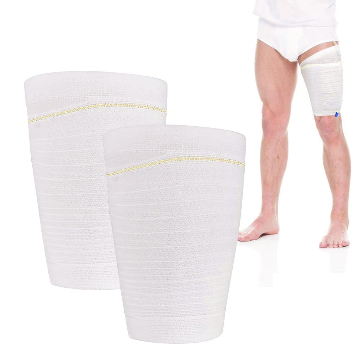 HANSILK catheter leg bag holder shown with secure fit on thigh for reliable drainage