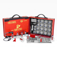 Hansol Medical cupping set front view with pumping handle and 19 cups