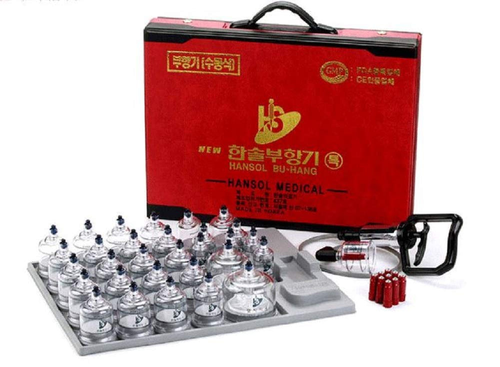 Hansol Medical cupping therapy set with 30 cups for safe home massage and relaxation.