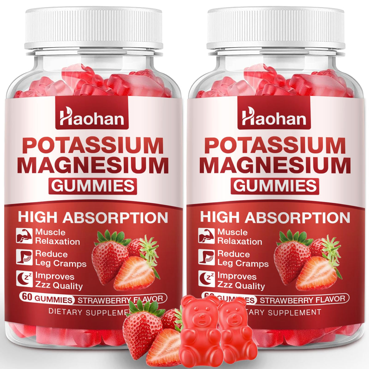 Haohan Potassium Magnesium Gummies bottle shows vegan strawberry formula for daily electrolyte support.