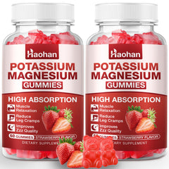 Haohan Potassium Magnesium Gummies bottle shows vegan strawberry formula for daily electrolyte support.