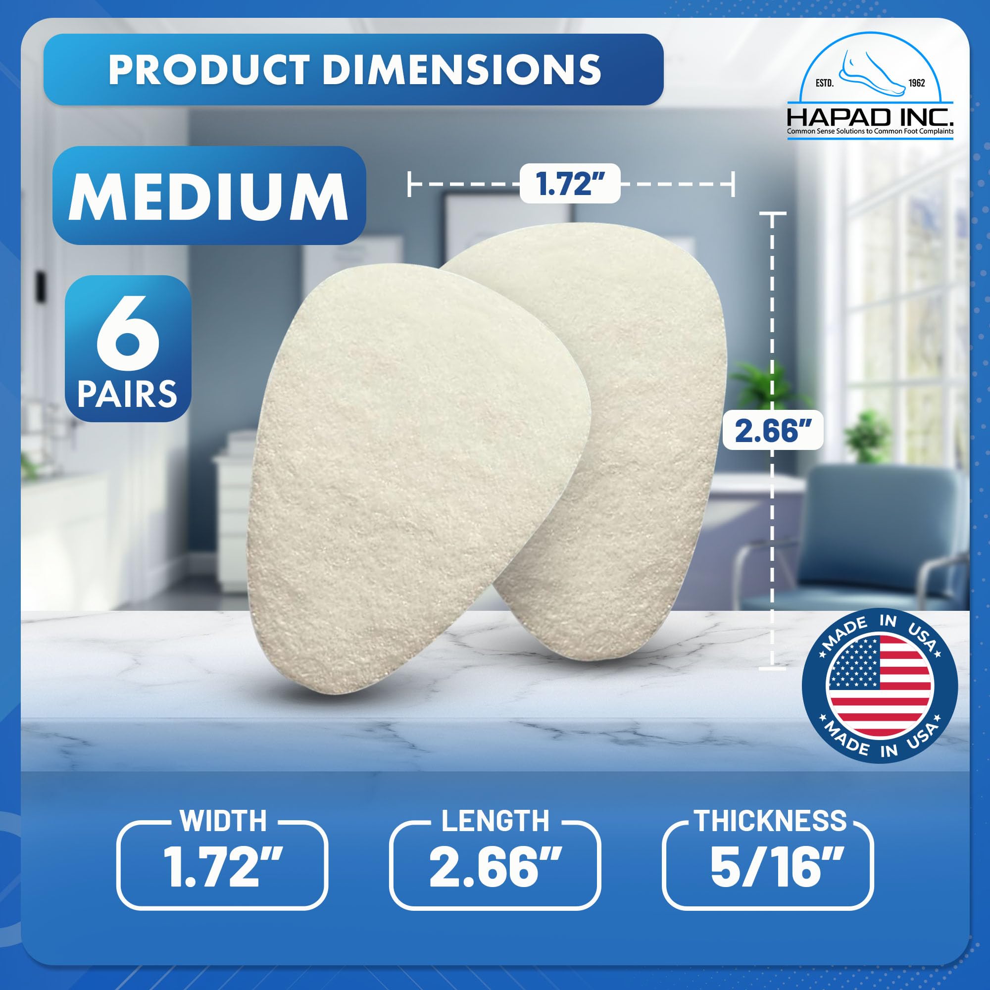 HAPAD metatarsal pads packaging displays reusable, washable forefoot cushions for repeated use.