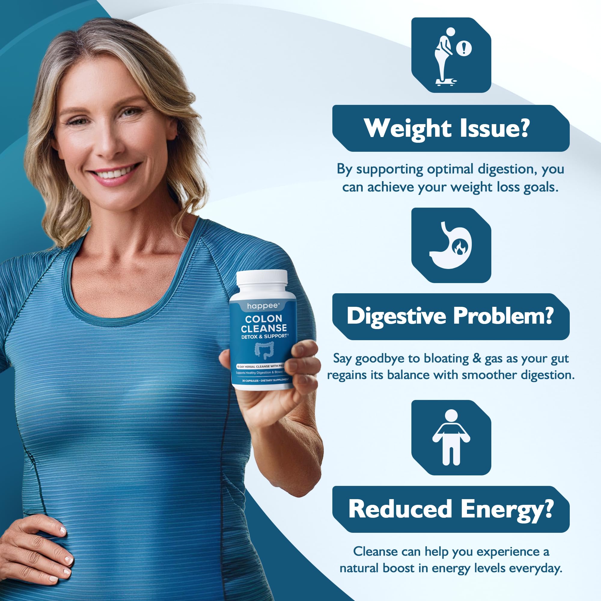 Happee colon cleanser packaging box highlights clean label and easy routine.