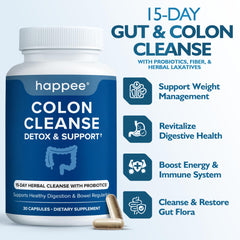 Happee colon cleanser pills closeup showing convenient capsules for gentle detox.