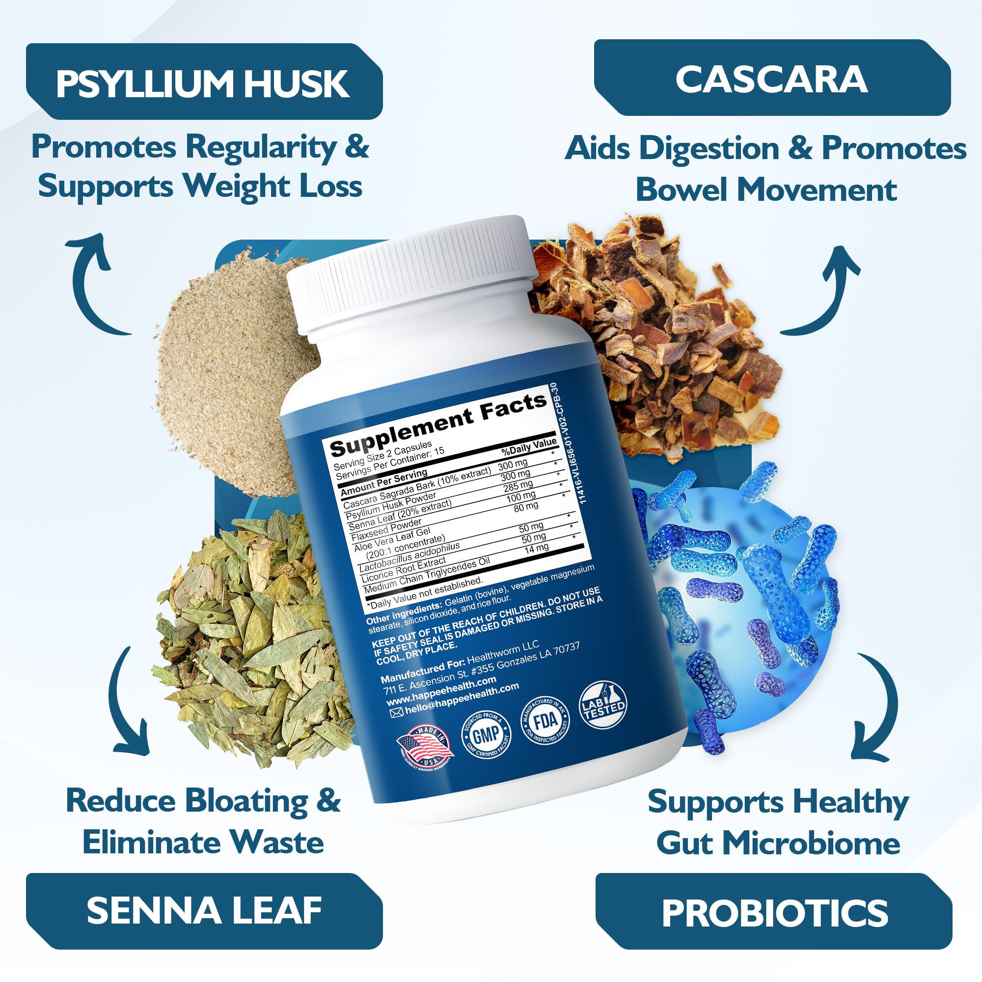 Happee gut health probiotic blend label emphasizes supportive digestive balance.