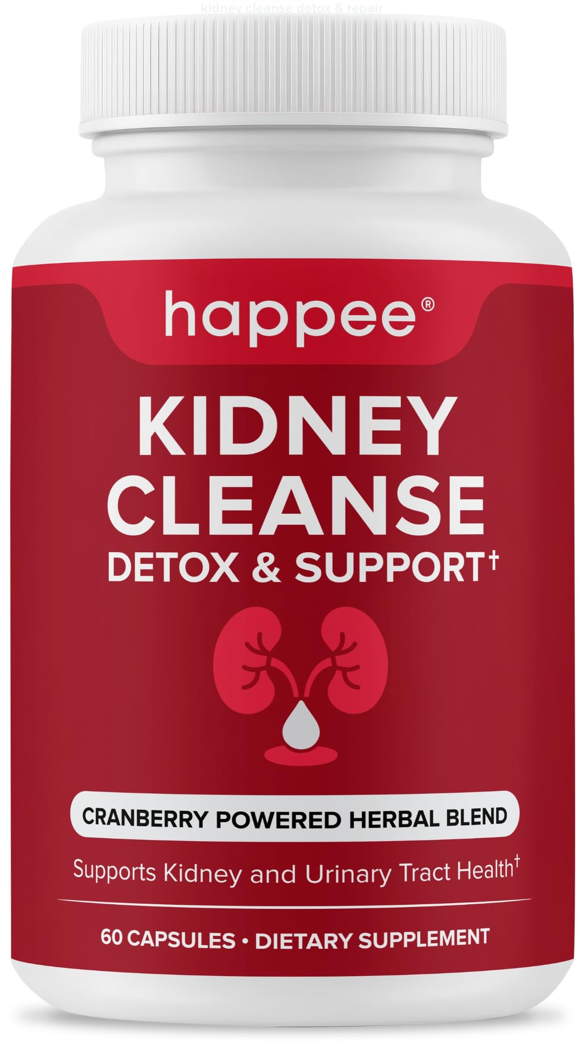 Happee Kidney Cleanse bottle front shows 60 capsules for daily kidney support.