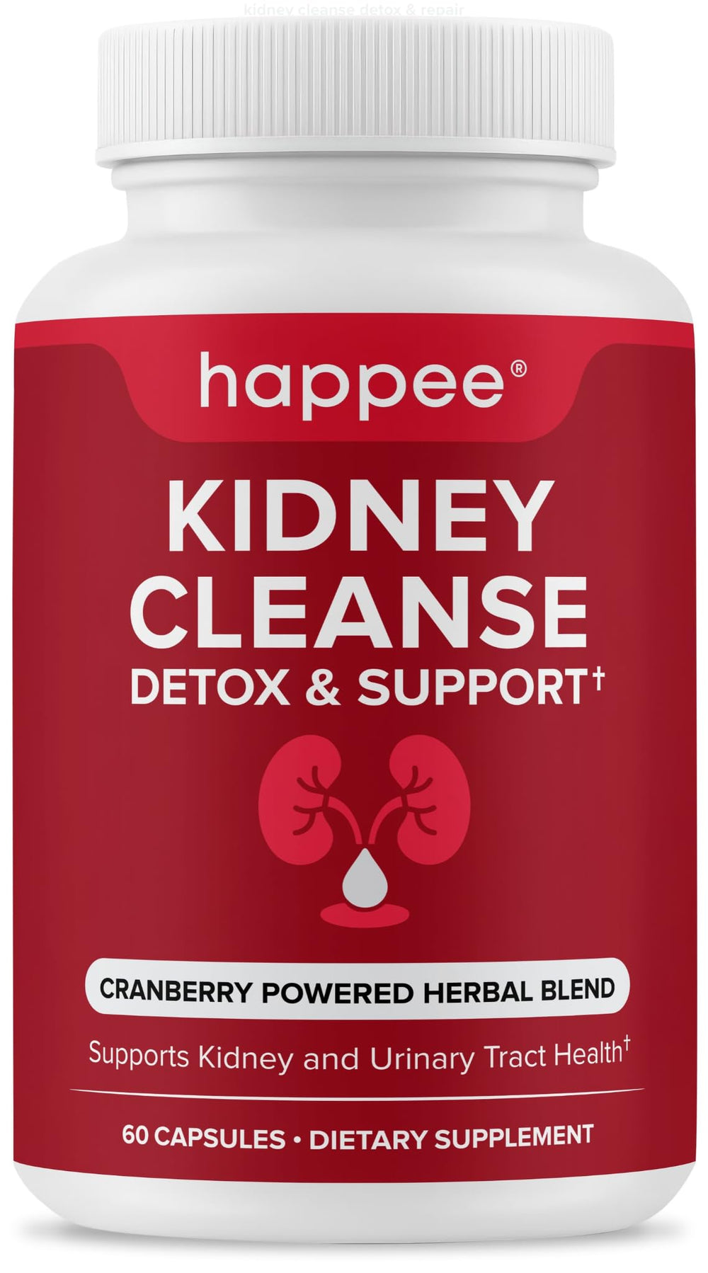Happee Kidney Cleanse bottle front shows 60 capsules for daily kidney support.
