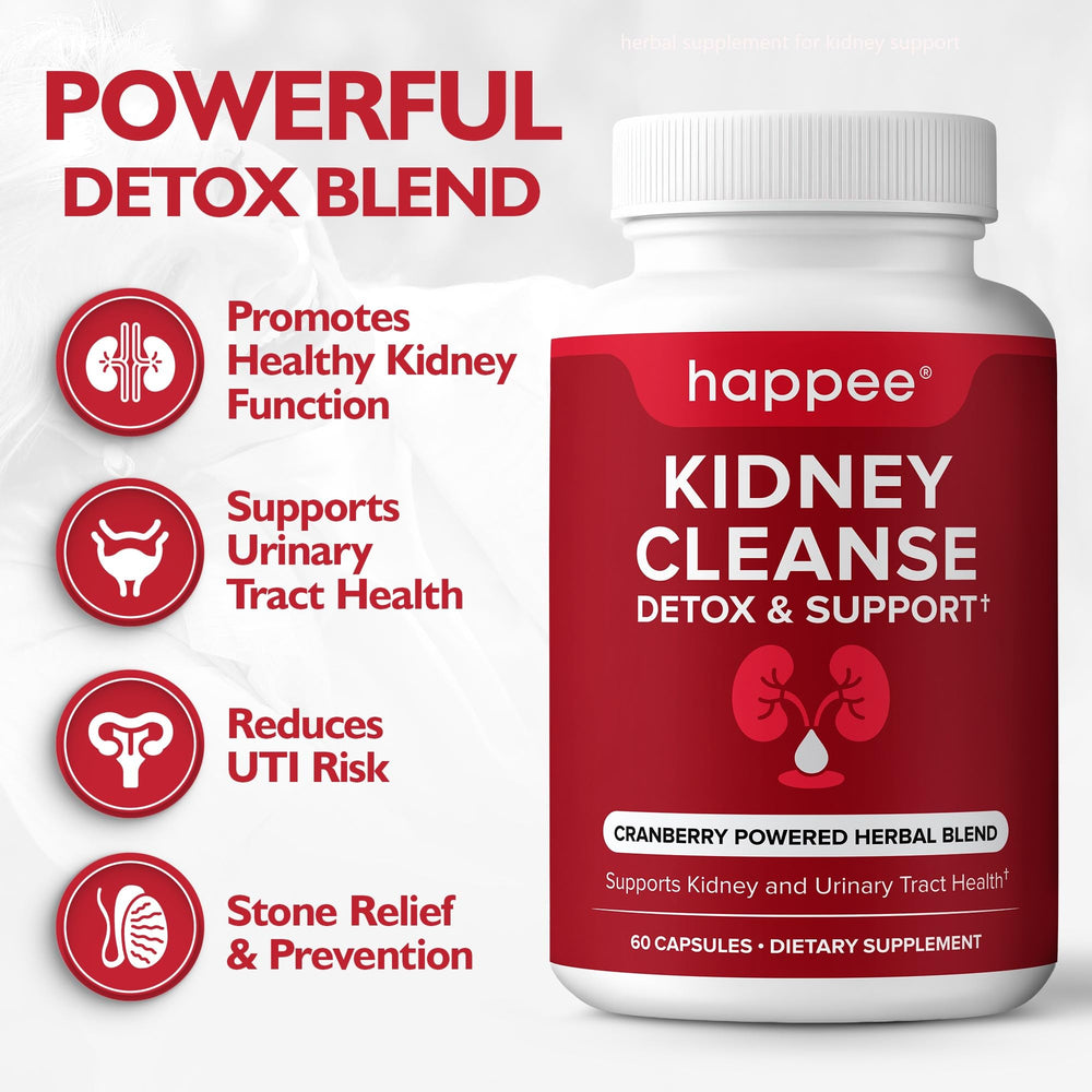 Happee Kidney Cleanse capsules closeup highlighting easy-to-swallow capsules.
