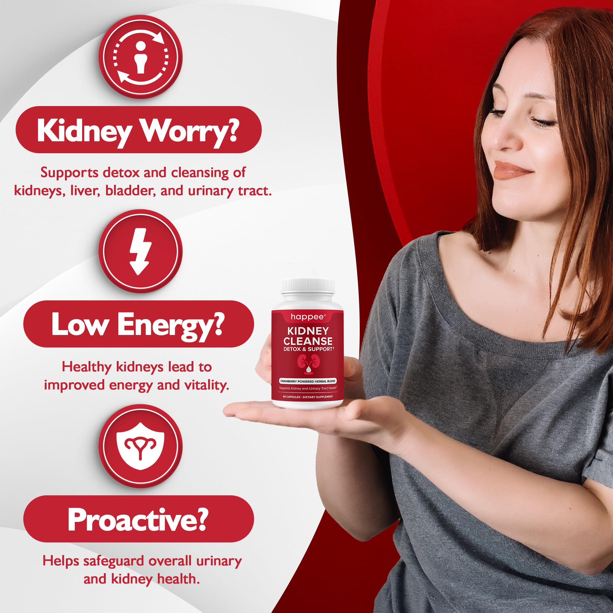 Happee Kidney Cleanse cranberry extract visual emphasizing natural detox ingredients.