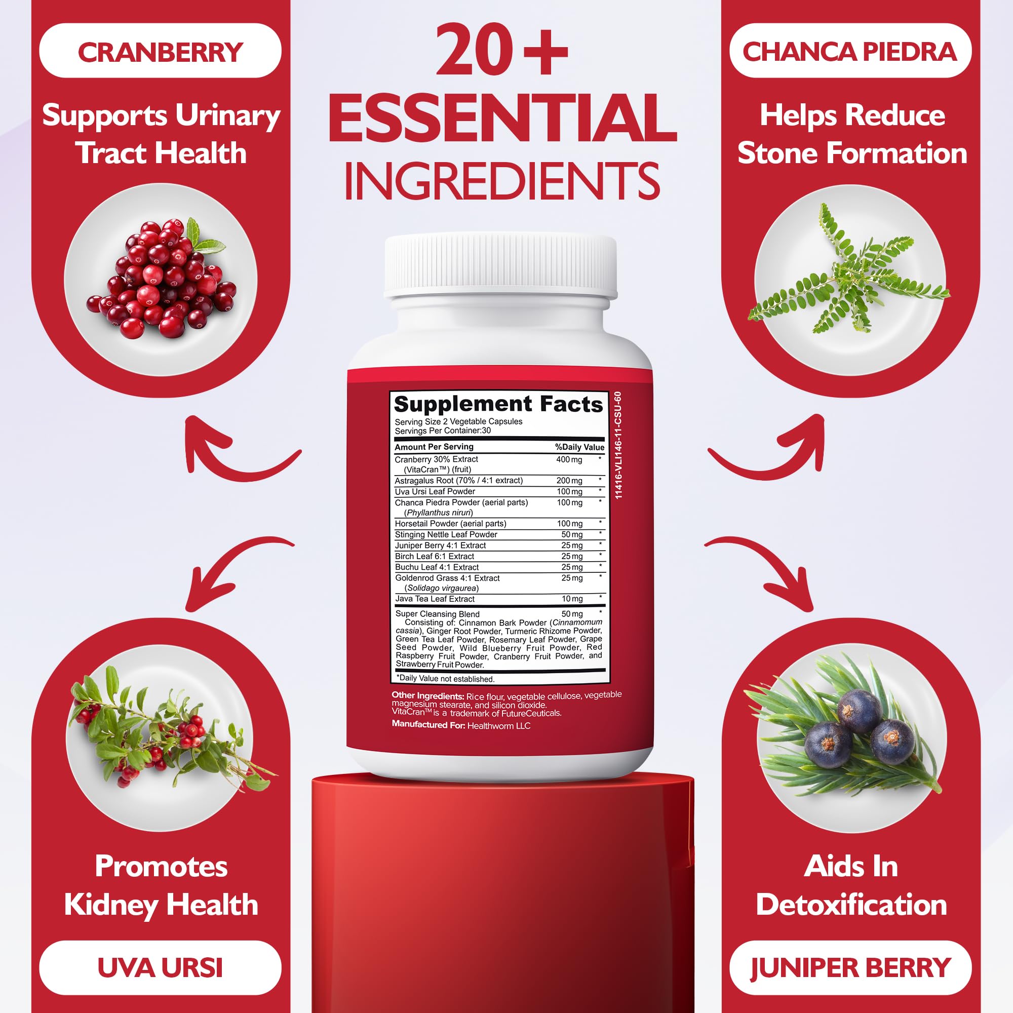 Happee Kidney Cleanse herbal blend image underlines 21-ingredient formula for holistic support.