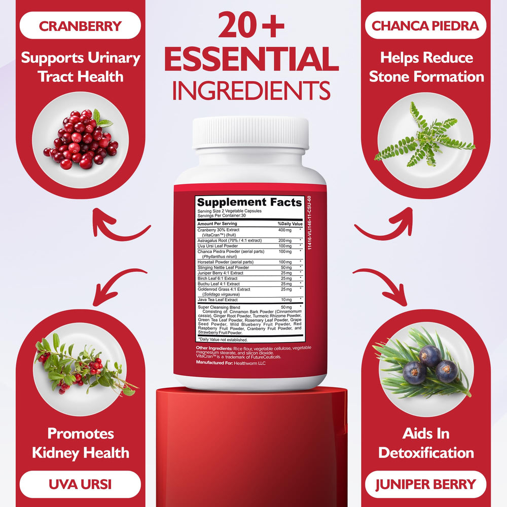 Happee Kidney Cleanse herbal blend image underlines 21-ingredient formula for holistic support.