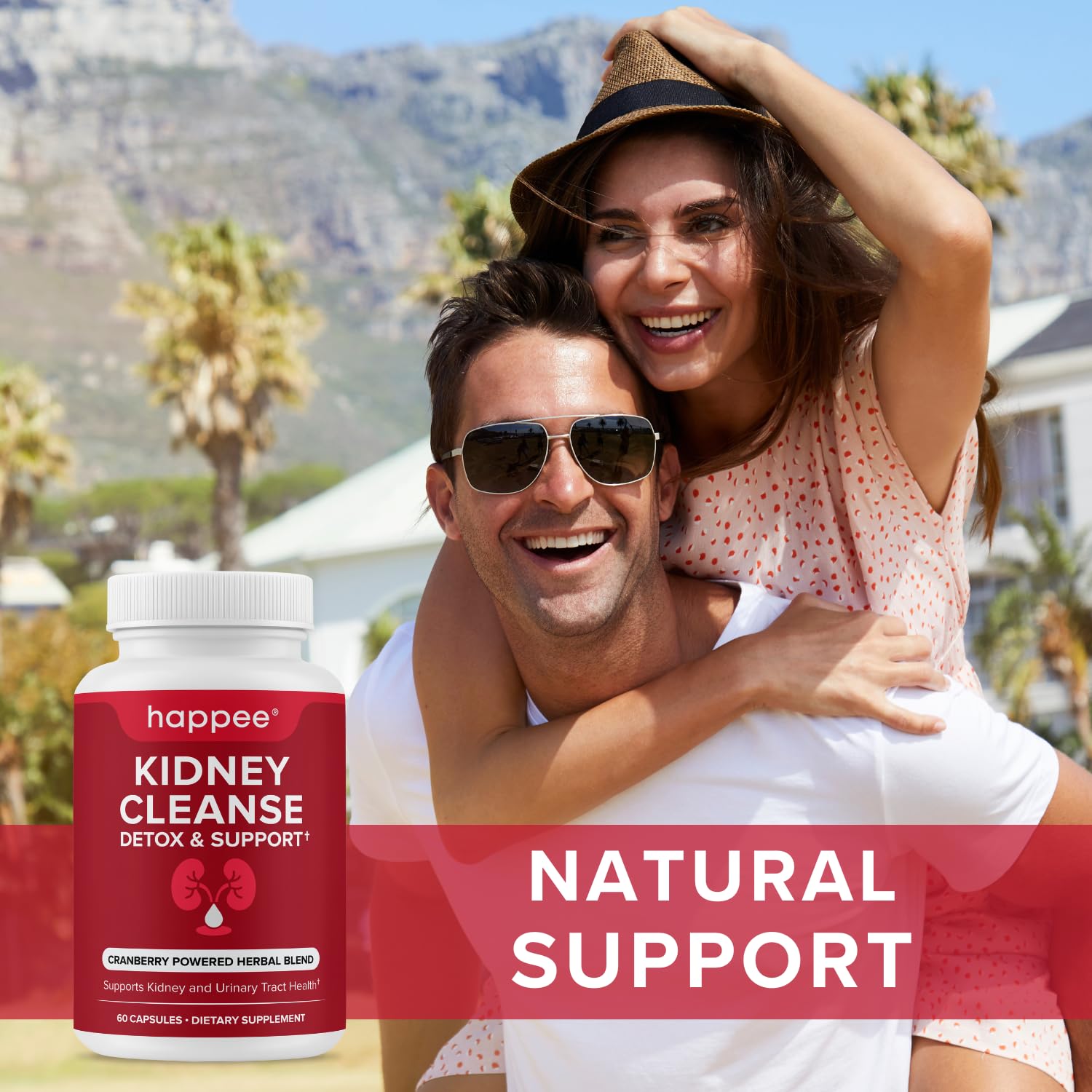 Happee Kidney Cleanse non-GMO emblem highlights pure, additive-free formula.