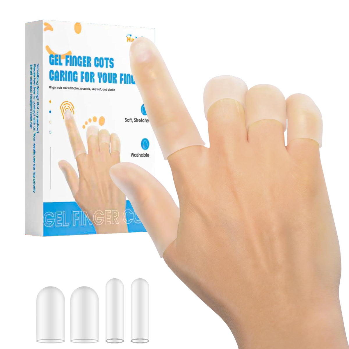 Happiby gel finger cots on hand covering thumb for protection and comfort