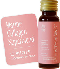 Happy Aging Glow Shot bottle front highlighting 10,000mg marine collagen for hydration.