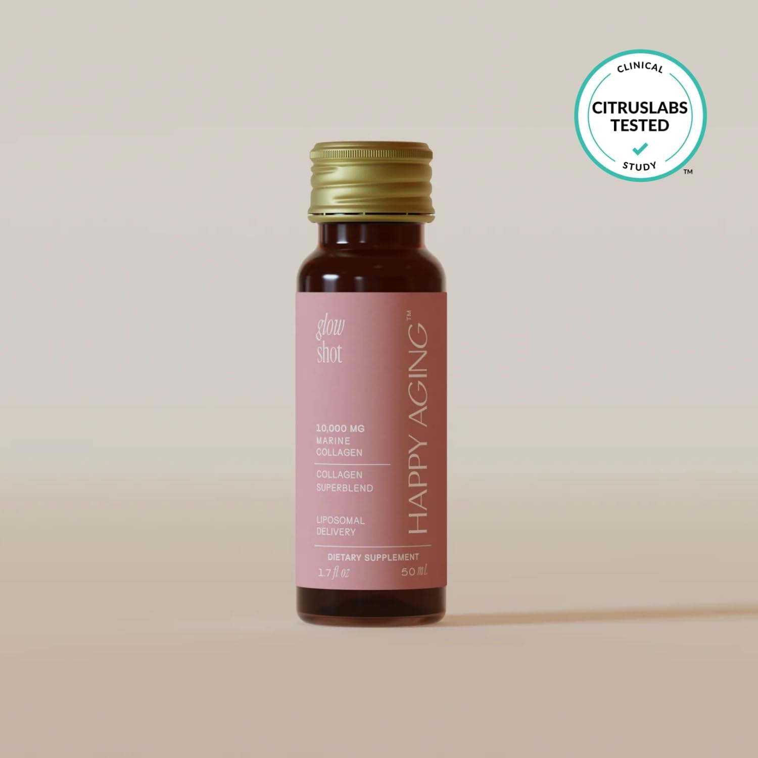 Happy Aging Glow Shot bottle tilt demonstrating easy on-the-go hydration.