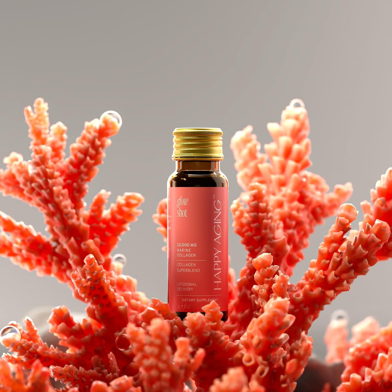 Happy Aging Glow Shot ingredients panel highlights 10,000mg collagen and liposomal delivery.