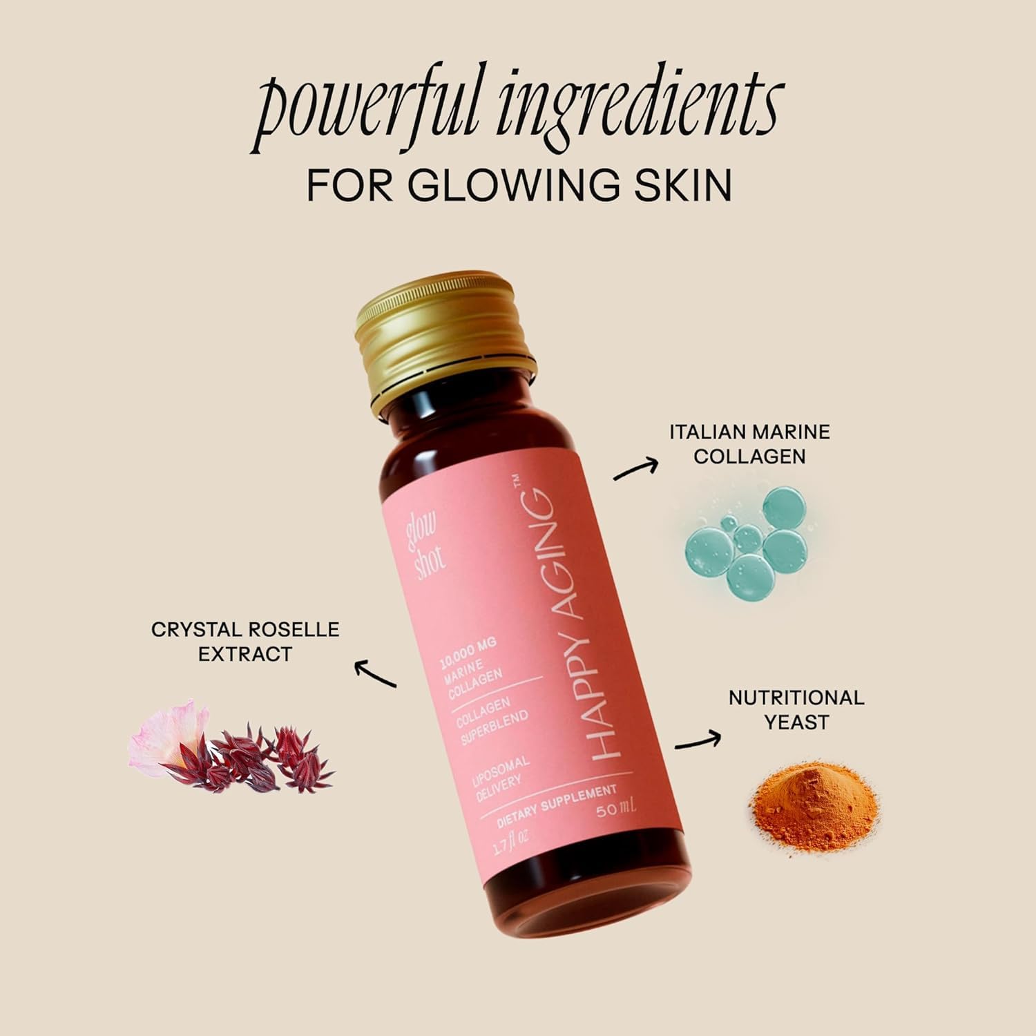 Happy Aging Glow Shot label closeup reveals clean, non-GMO formula.