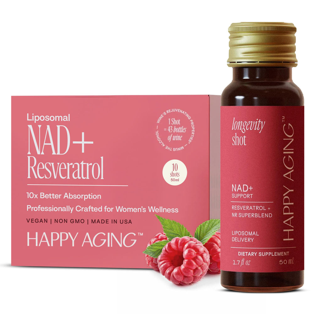 Happy Aging NAD Liquid bottle pouring for daily energy support