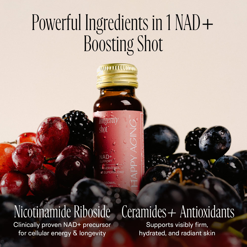 Happy Aging NAD Liquid close-up showing resveratrol component for cellular support