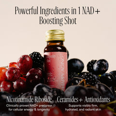 Happy Aging NAD Liquid close-up showing resveratrol component for cellular support