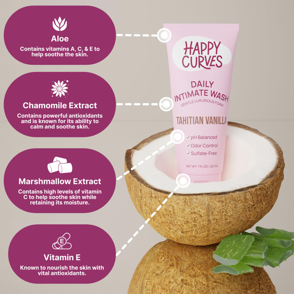 HAPPY CURVES aloe and vitamin E rich formula nourishes skin.