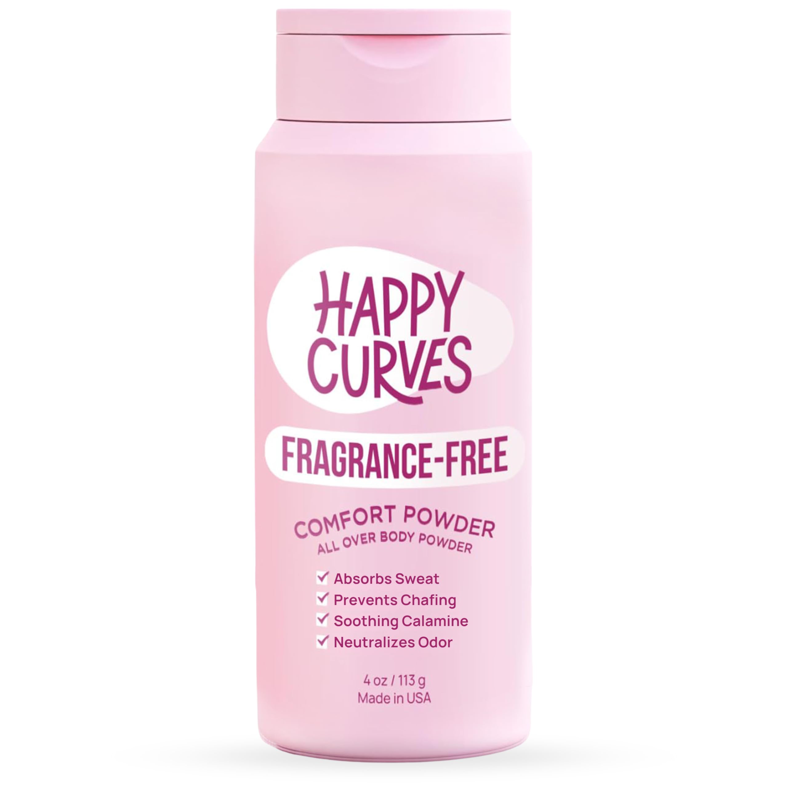 Envase de 4 oz de Happy Curves Comfort Powder para uso diario y absorción de sudor.
