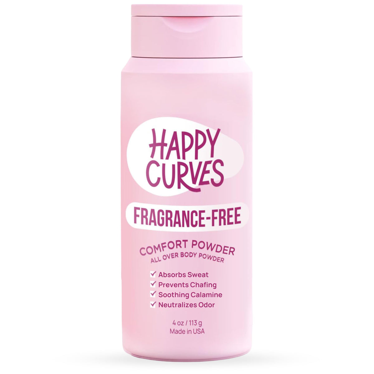 Envase de 4 oz de Happy Curves Comfort Powder para uso diario y absorción de sudor.