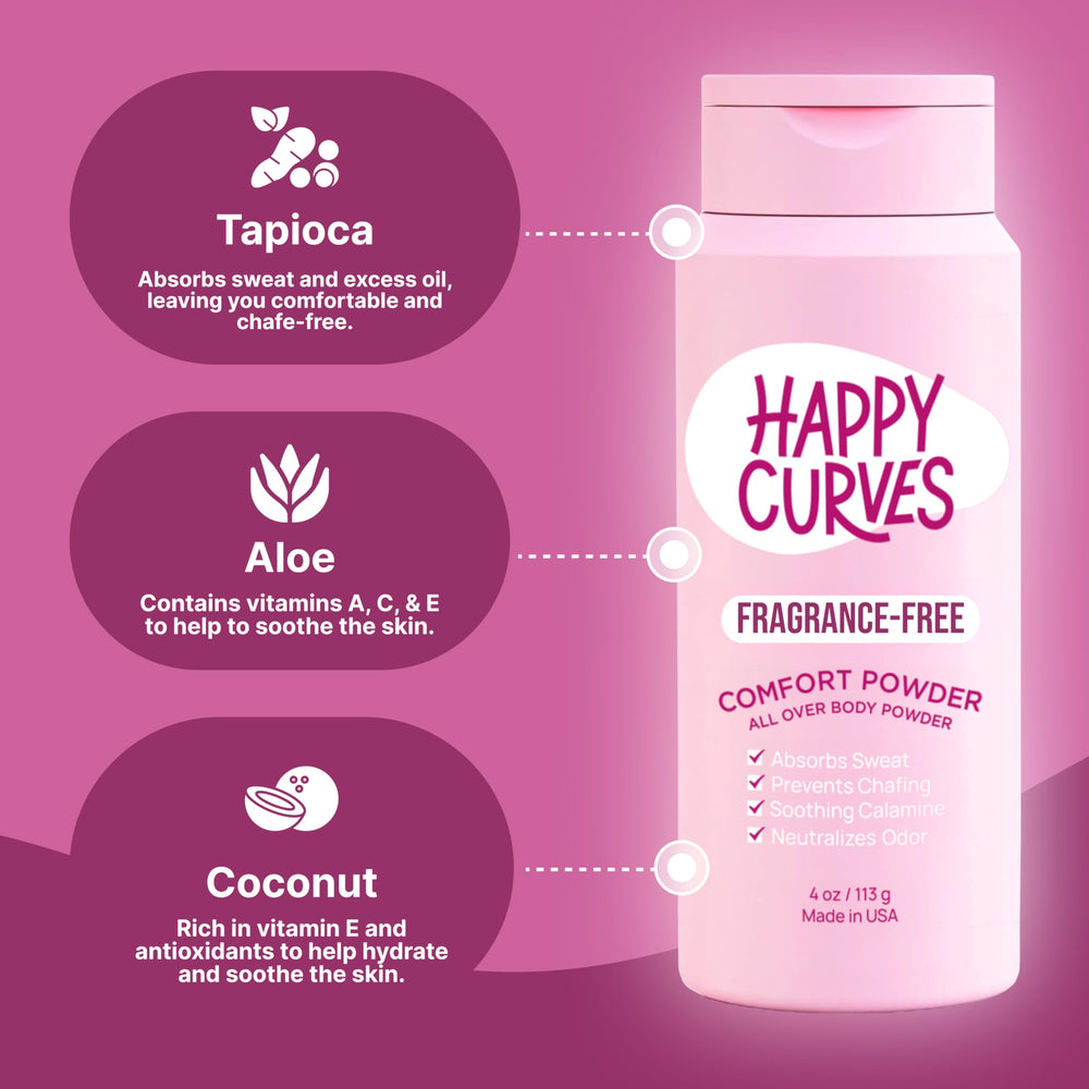 Polvo sin talco de Happy Curves, ideal para zonas sensibles y uso diario.