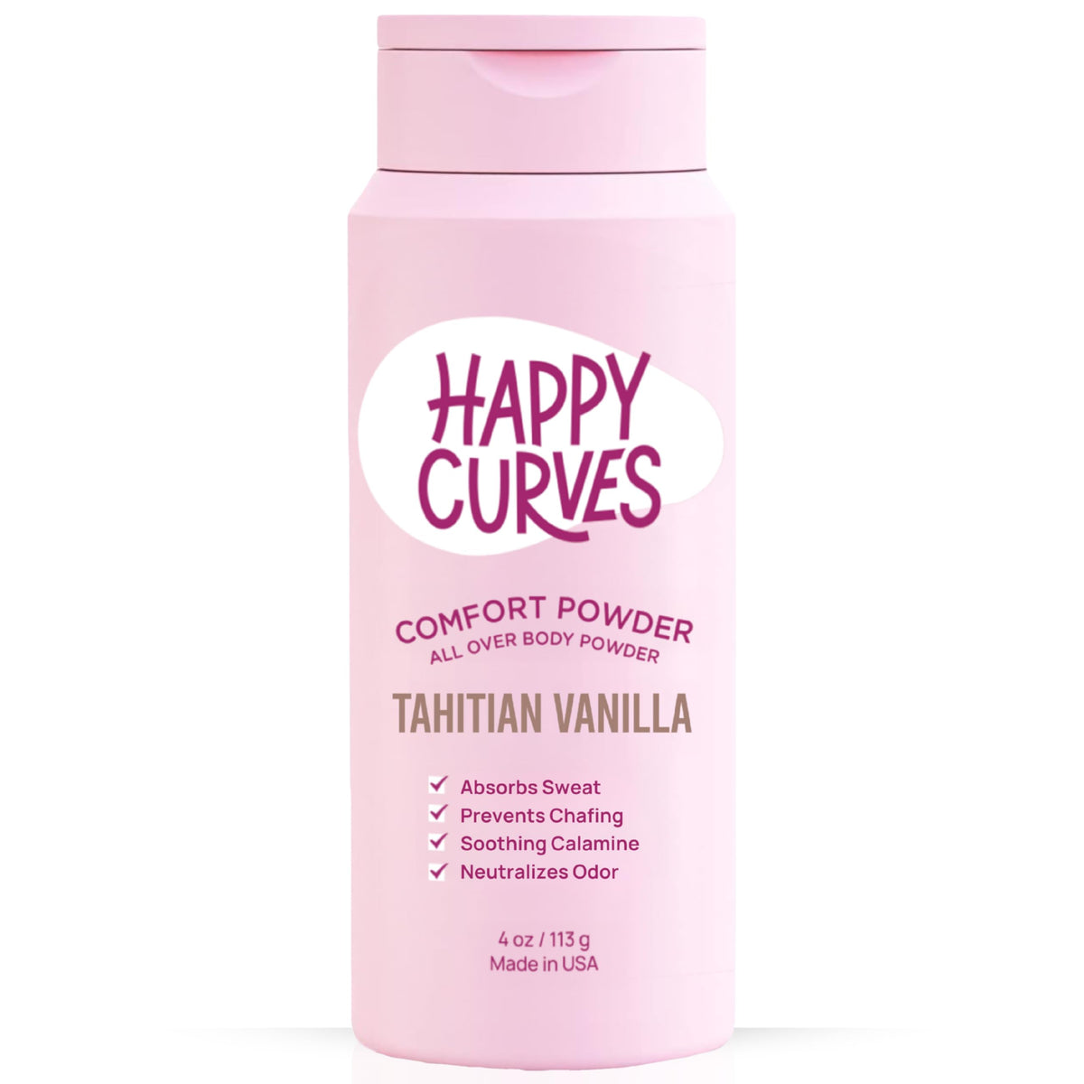 HAPPY CURVES Comfort Powder bottle pour demonstrates quick, talc-free application for all-day dryness.